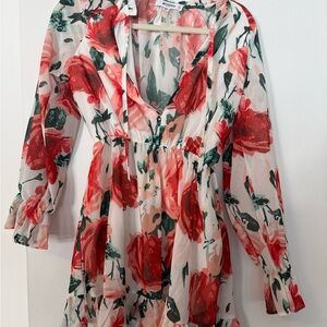Missguided Floral Chiffon Dress in Red and Green